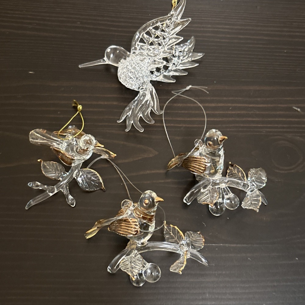 Set of 4 VTG Clear Glass Gold Trim Hand Blown Hummingbird Christmas Ornaments